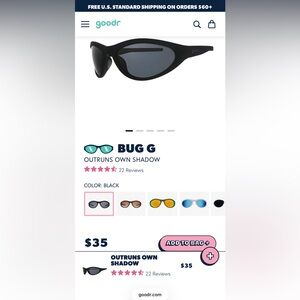 NEW!! Goodr Bug G Black Sunglasses (Outruns Own Shadow)